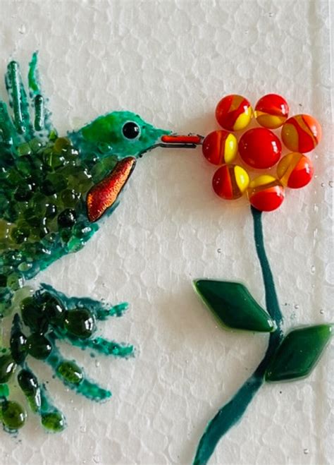 Hummingbird And Flower Fused Glass Suncatcher Hummingbird Etsy