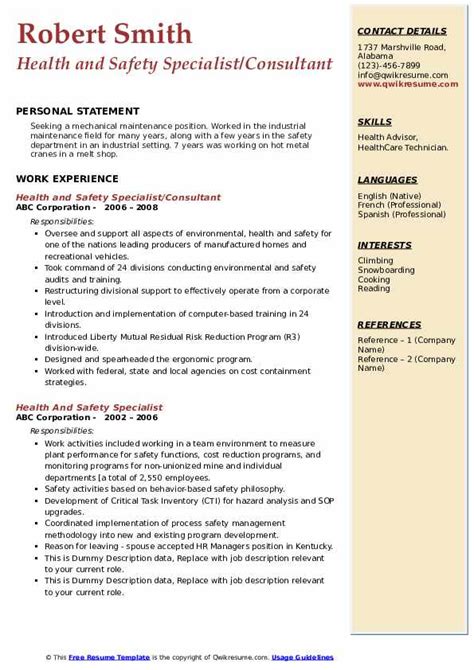 View hundreds of emergency management resume examples to learn the best format, verbs, and fonts to use. Health And Safety Specialist Resume Samples | QwikResume