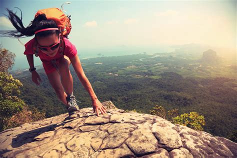 Young Asian Woman Hiker Climbing Rock On Mountain Peak Cliff Savvy Tokyo