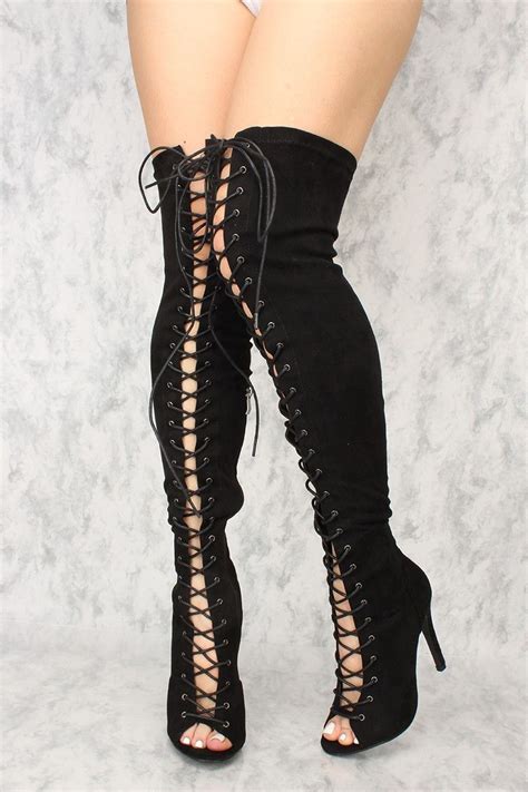 Buy Sexy Black Lace Up Open Toe Thigh High Heels Faux Suede With Cheap Price And High Quality