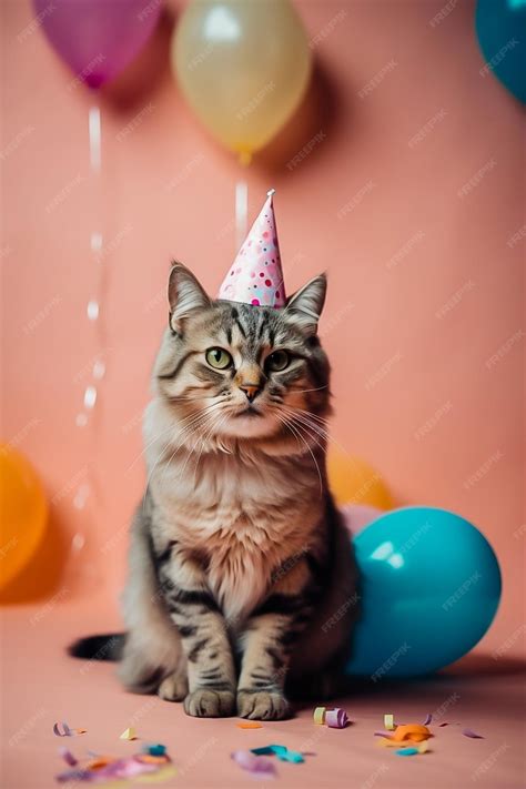 Premium Ai Image Cute Cat In A Birthday Hat Sits On The Background In