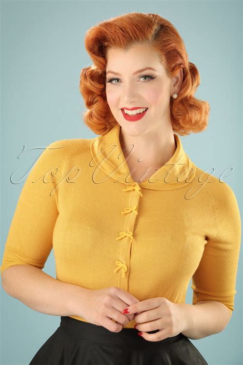 1950s rockabilly and pinup tops shirts blouses 40s april bow cardigan in mustard yellow £34 32