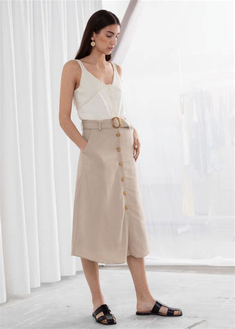 belted linen blend a line skirt a line skirts skirt fashion beige midi skirt