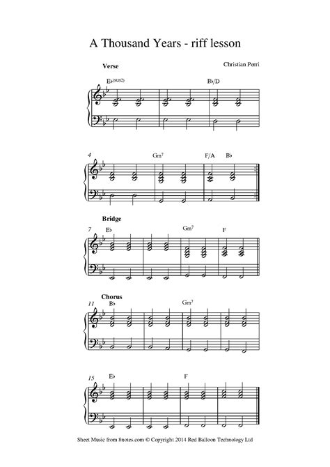 Christina Perri A Thousand Years Sheet Music For Piano Chord Chart