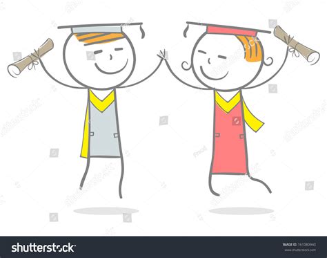 Doodle Stick Figurejoy Teenagers After Graduation Stock Vector