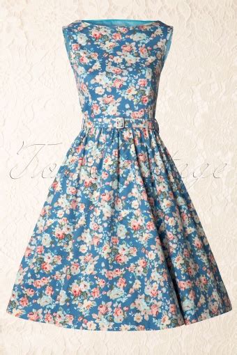 50s Audrey Floral Semi Swing Dress In Sky Blue