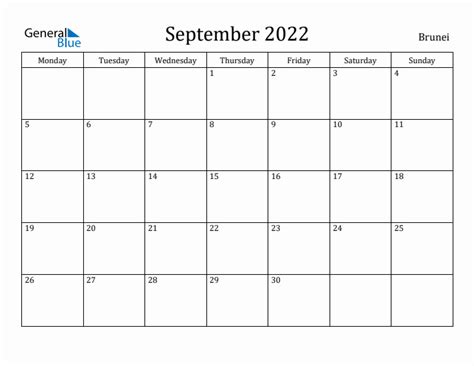 September 2022 Brunei Monthly Calendar With Holidays