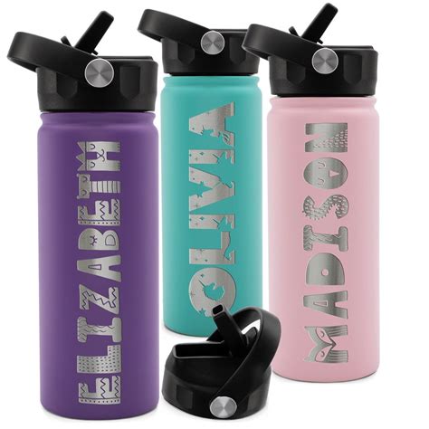 Kids Water Bottle Personalized With Straw Lid Double Wall Etsy