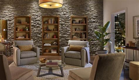 Contemporary Stone Wall Built In Bookcases Neutral Color Palette Home Library Home Office