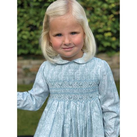 Sarah Louise Girls Pale Blue Floral Hand Smocked Dress