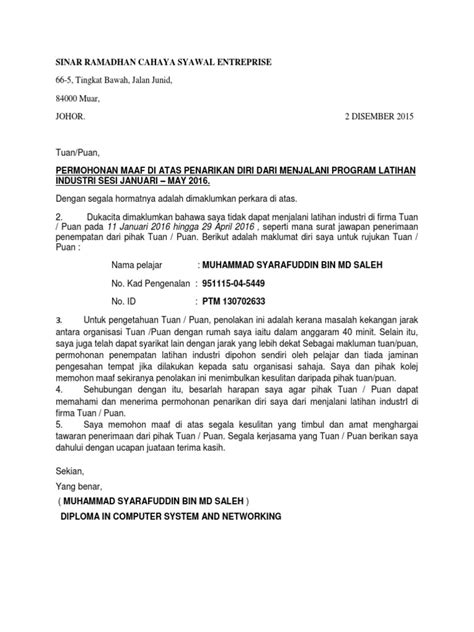 Contoh contoh surat lamaran kerja berbagai profesi. Contoh Surat Setuju Terima Tawaran Latihan Industri