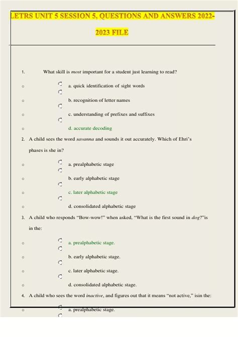 LETRS unit 1 session 5 Assessment questions and answers Latest Update