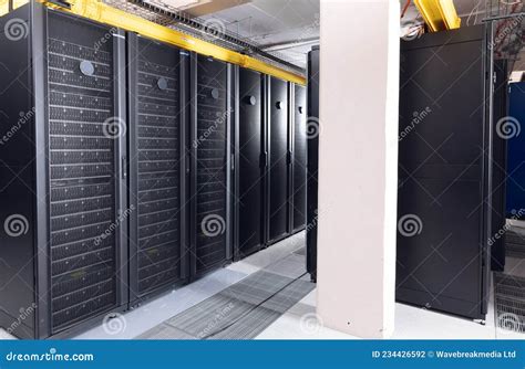 Data Center With Multiple Rows Of Fully Operational Server Racks Stock