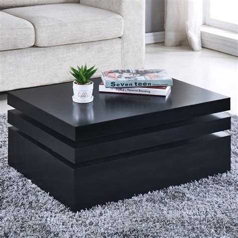 【material】hand made of beautiful and environmental pu leather; Black Square Coffee Table Rotating Contemporary Modern ...