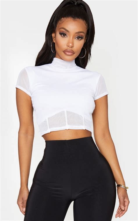 Shape White Mesh Panelled High Neck Crop Top Prettylittlething Usa