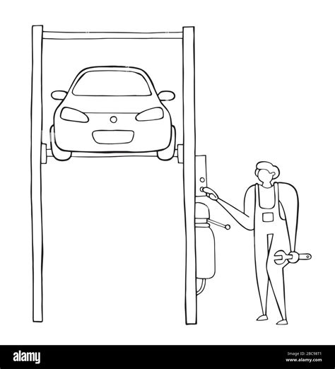 Vector Car Repair Repairman Lifted Car On Auto Lift Hand Drawn