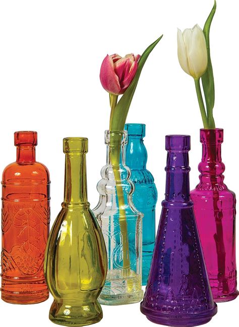 Luna Bazaar Small Vintage Glass Bottle Set 7 Inch Multicolor Glass Set Of 6 Flower Bud