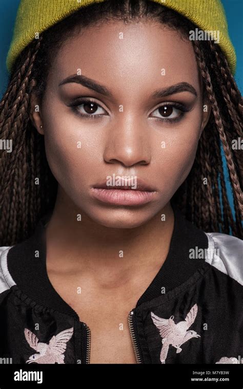 Portrait Of Young Beautiful African American Teenager Girl With Long Braids Hairstyle Stock