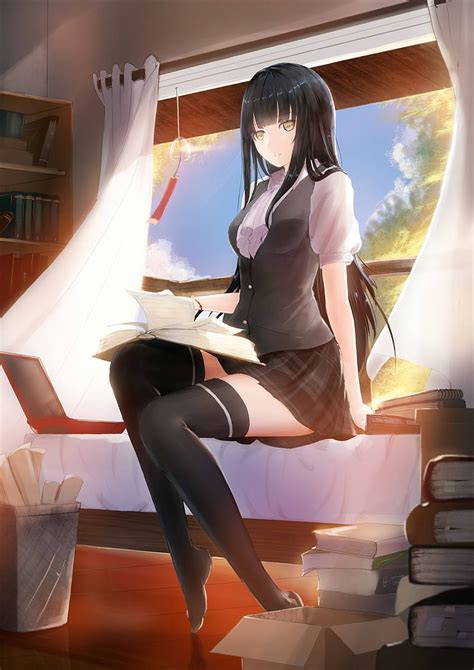 1080p Free Download Anime Anime Girls Long Hair Black Hair Yellow Eyes Books Thigh Highs