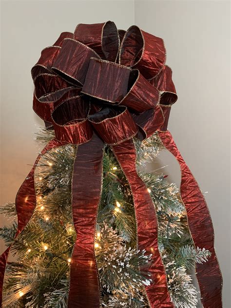 Large Burgundy Crinkle Ribbon Christmas Tree Topper Bow 6ft Tails