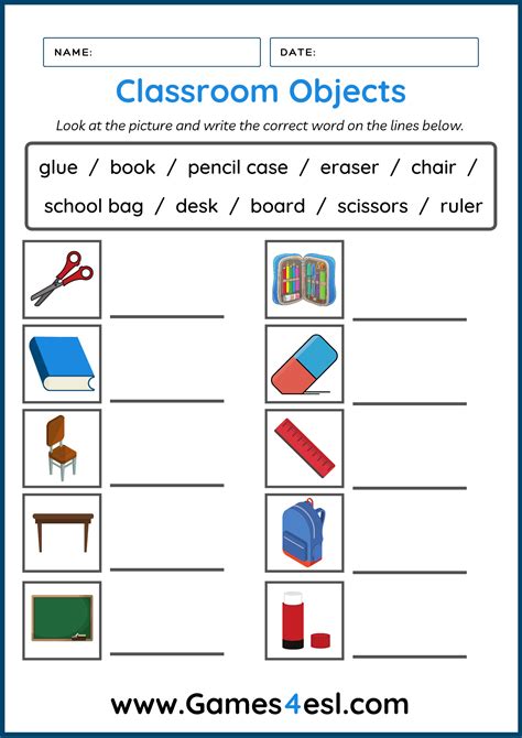Classroom Object Worksheets English Worksheets For Kids Esl