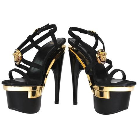 new versace gold black triple platform swarovski crystals medusa shoes sandals for sale at 1stdibs