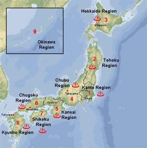 Physical map of japan, equirectangular projection. Japanese Guest Houses - Hot Spring Map of Japan and List of Hot Springs in Japan