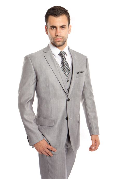 Mens Light Grey Textured Modern Fit 3 Piece Suit Flex Suits