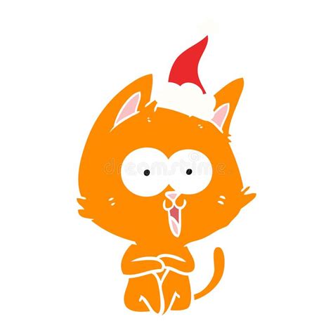Funny Flat Color Illustration Of A Cat Wearing Santa Hat Stock Vector