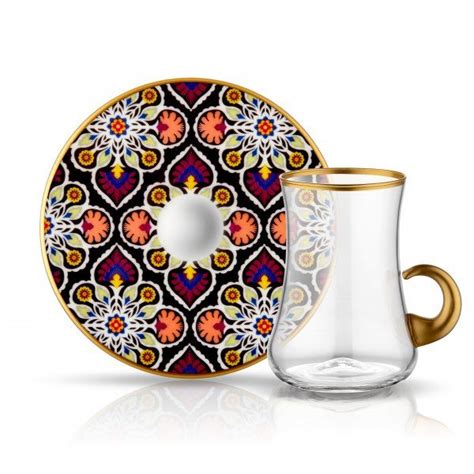 Luxurious Turkish Tea Glass Set For Six Floral Grandbazaar