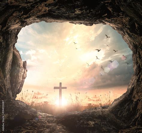 Resurrection Of Easter Sunday Concept Empty Tomb With Cross Symbol For