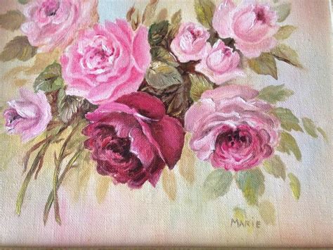 Shabby Vintage Chic Oil Painting Pink Roses Canvas On Board Artist