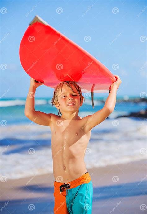 Happy Young Boy At The Beach With Surfboard Stock Image Image Of Full