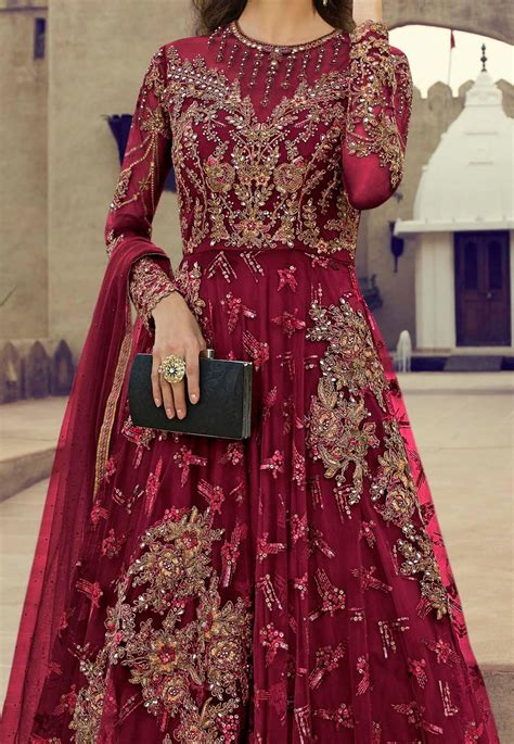 Magenta Net Embroidered Abaya Style Anarkali Suit 5505a Abaya Fashion