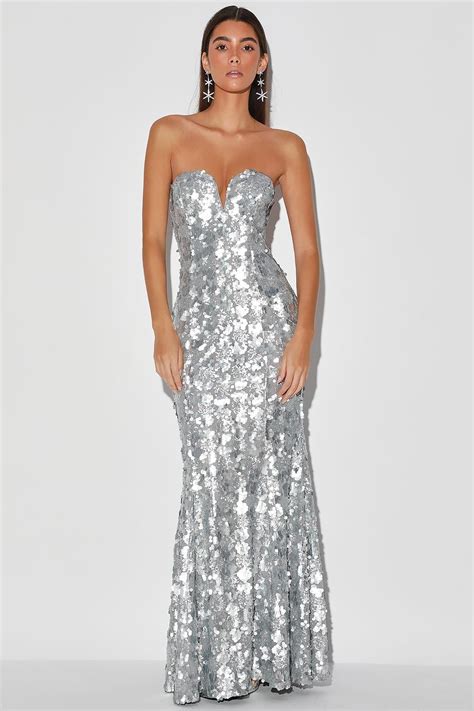 Sparkle Dress Long Silver Maxi Dress Sequin Maxi Dress Strapless