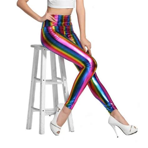 0510 Sexy Vertical Striped Rainbow Leggings Women Ankle Length High
