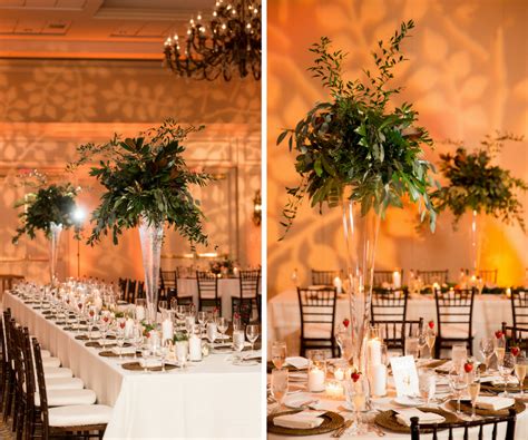 Ballroom Wedding Reception Decor With Tall Greenery Centerpieces In