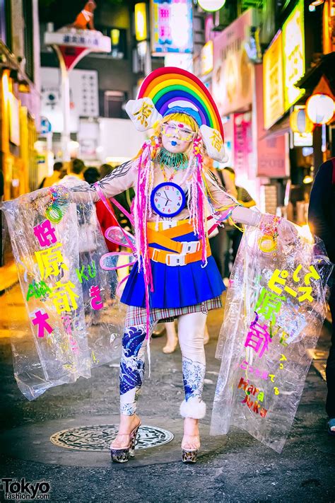 harajuku girl wearing colorful handmade and remake fashion on the street in shibuya harajuku