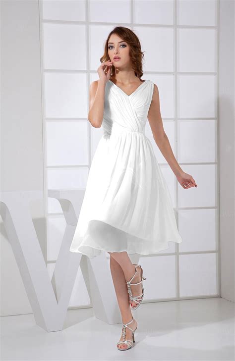 White Plain A Line V Neck Sleeveless Knee Length Prom Dresses