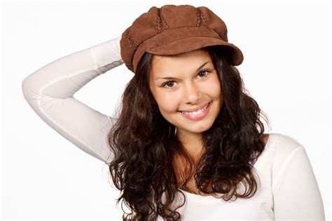 Beautiful Brunette Female Girl Happy Hat Model Person Portrait