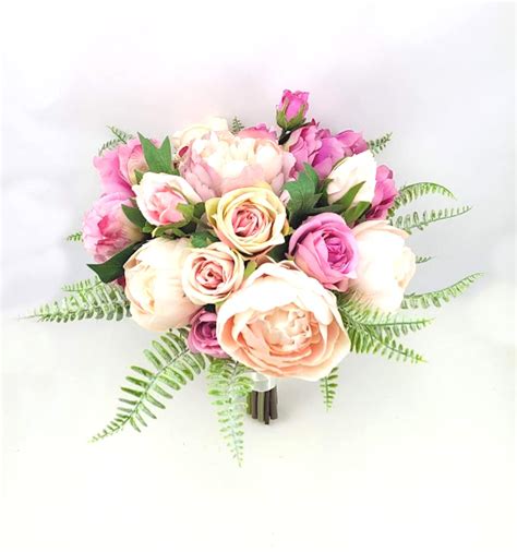 Pink Bridal Bouquet With Roses Peonies And Fern Artificial Etsy Uk