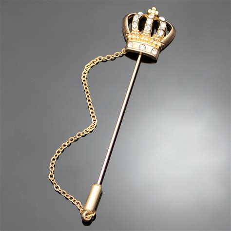 Gold Men Crown Tiara Cross Crystal Chain Lapel Pin Stick Pin Pins Tie