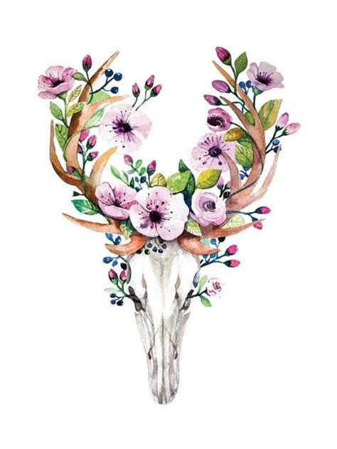 Deer Skull With Flowers Watercolor Print Wall Art By Krisart