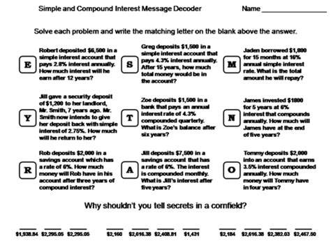 Simple And Compound Interest Worksheet Math Message Decoder Teaching