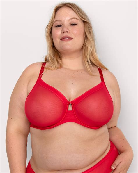 Sheer Mesh Full Coverage Unlined Underwire Bra Diva Red Curvy Couture
