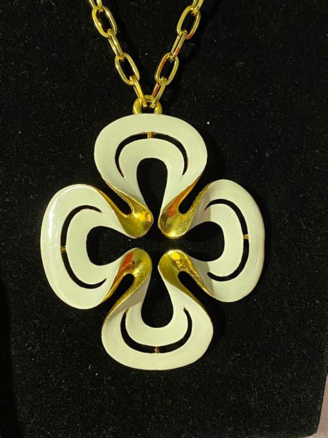 60s Mod Trifari Gold And White Large Pendant Necklace Etsy