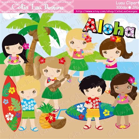 Luau Party Clipart Cute Hula Girl And Boy Clipart Hawaiian Etsy