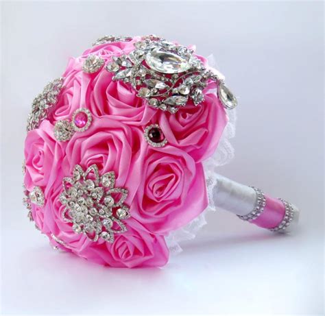 Hot Pink And White Satin Ribbon Floral Bridal Wedding Bouquet With
