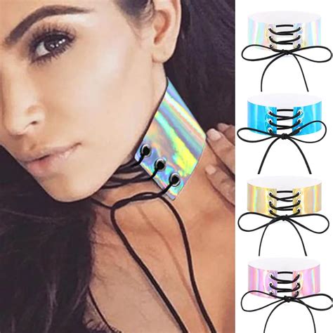 sexy lace up chokers necklaces for women holographic choker gothic wide chocker corset pu
