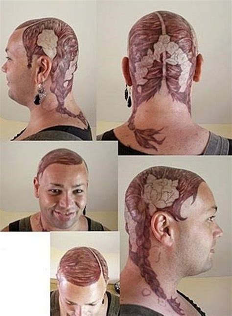 Bald Guy With Pigtails Tattoo Hair Fail Bad Toupee